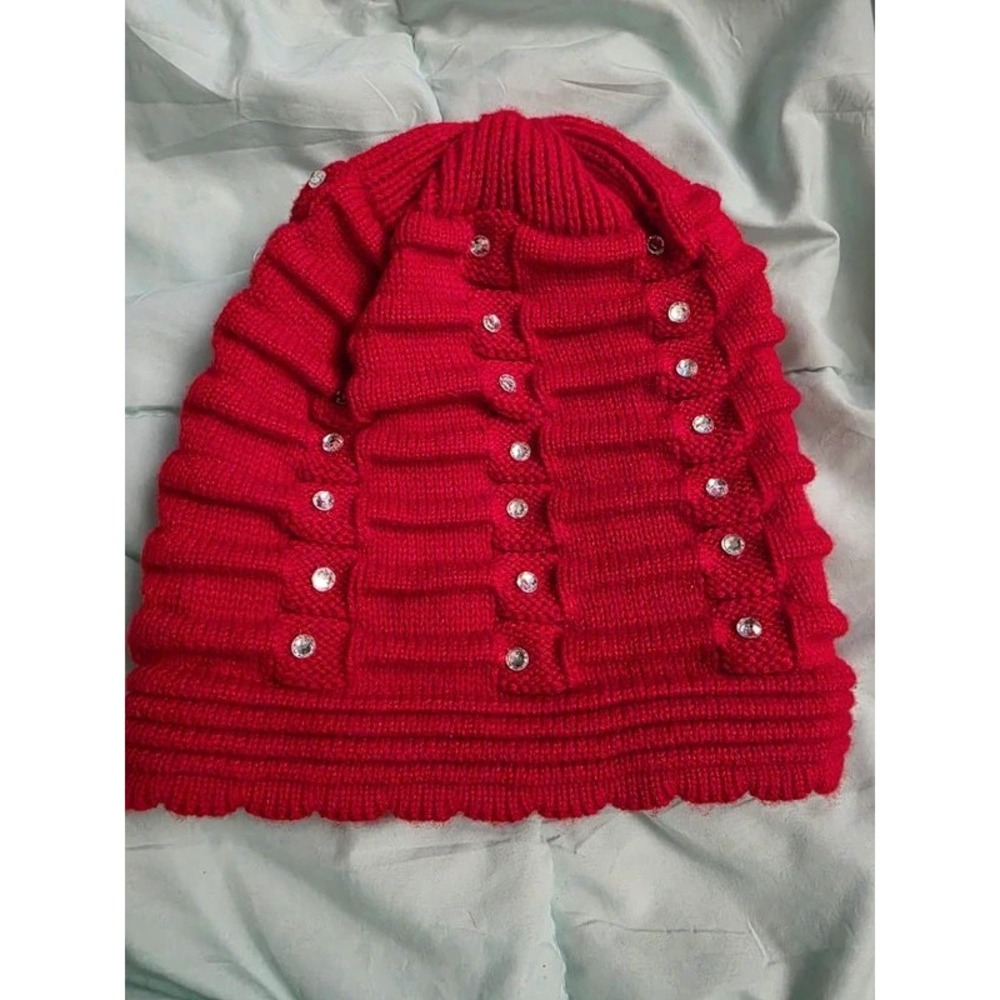 Milani Red Knit Rhinestone Embellished Beanie Hat Scalloped Edge Women Winter